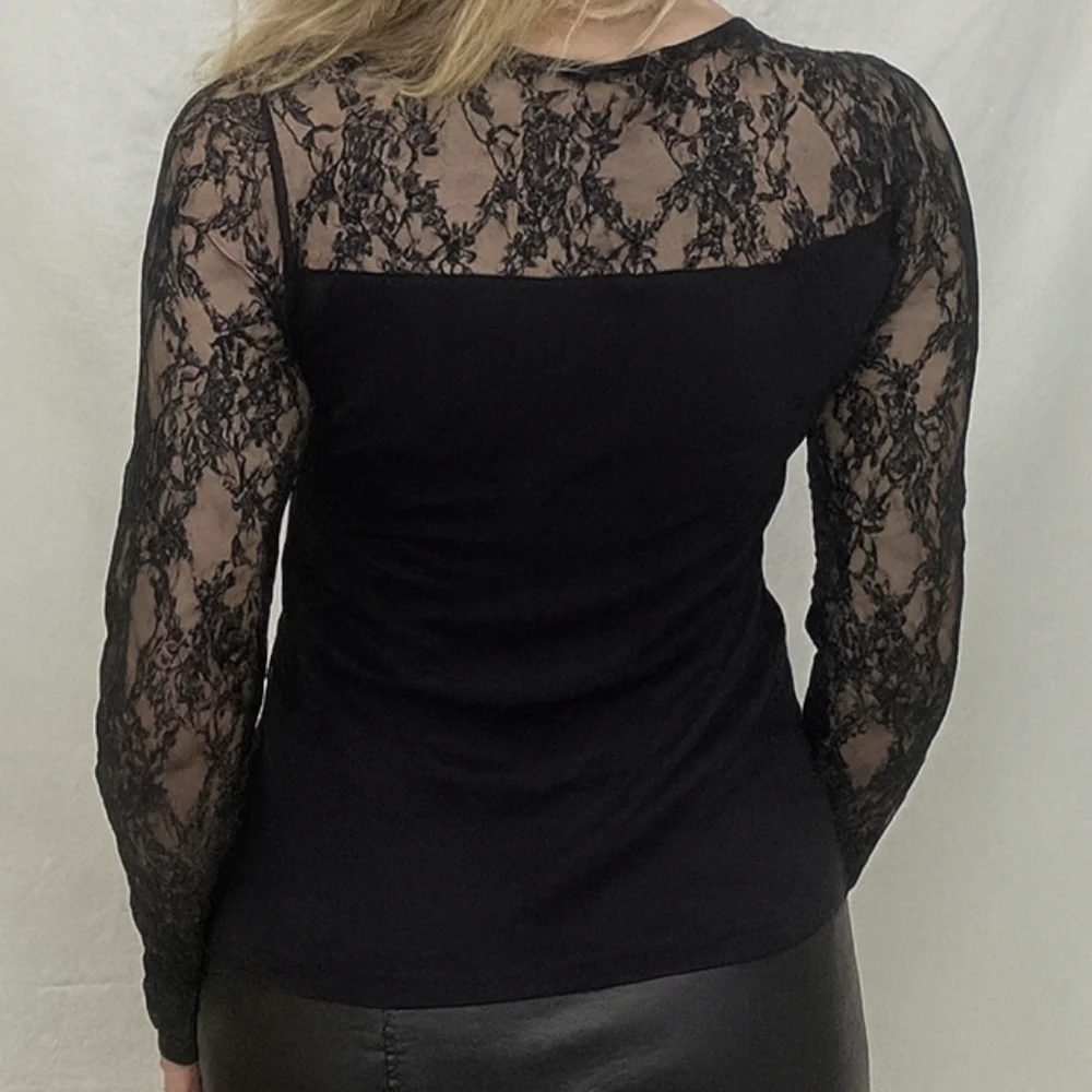 Vintage Y2K Black Gold Lace Beaded Scroll Cross Top Long Sleeve Glam Gothic